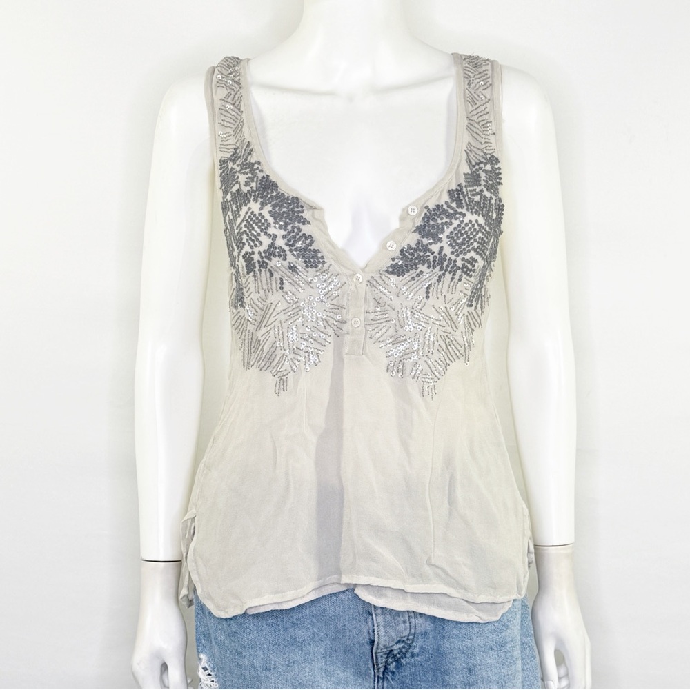 Saivana Gray Silk Tank Top Blouse Size 2 Sleeveless Boho Sequins Lightweight